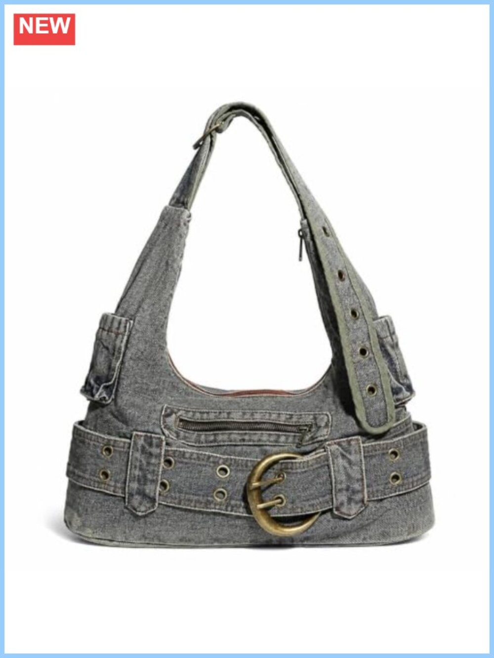 Vintage Washed Denim Hobo Shoulder Bag Y2K Retro Belt Buckle Zipper Pockets